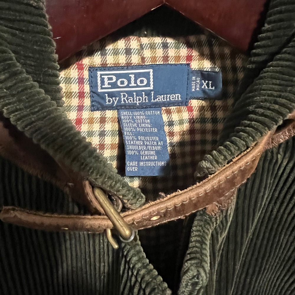 Polo Ralph Lauren Green Corduroy Hunting Jacket Leather Trim Mens XL Safari Coat - Picture 8 of 9